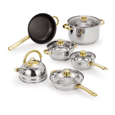 ZH-C006 11pcs Stainless Steel Cookware Set with Gold Plated Hollow Handle